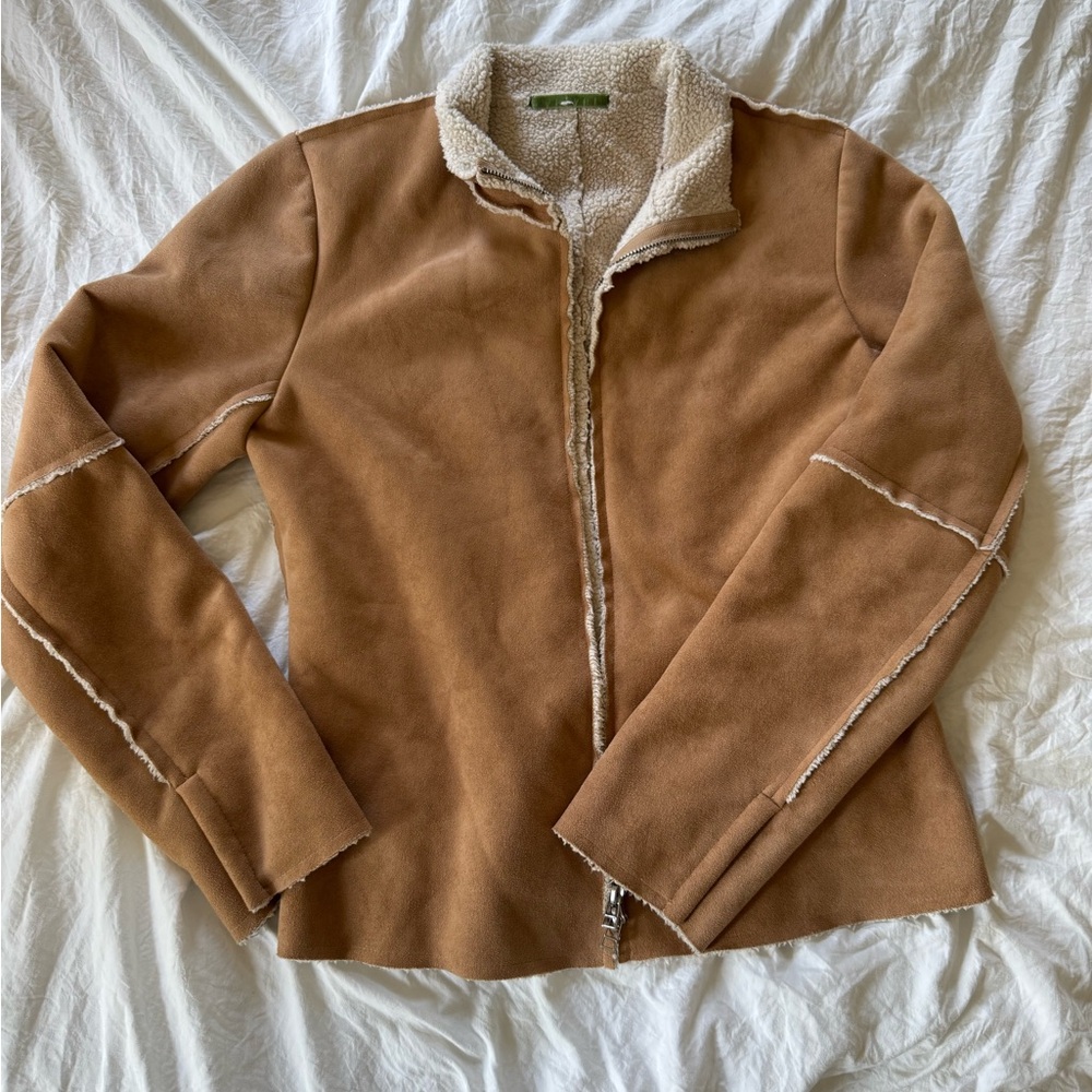 Tan Faux Sherpa/Suede Zip Up Jacket - Medium